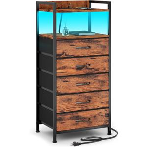Furnulem 5 Drawer Dresser for Bedroom, Tall Nightstand with Led Light and Charging Station, Small Night Stand Bedside Table, Fabric Bins, Metal Frame, Wood Shelf, Side Furniture(Rustic Brown)