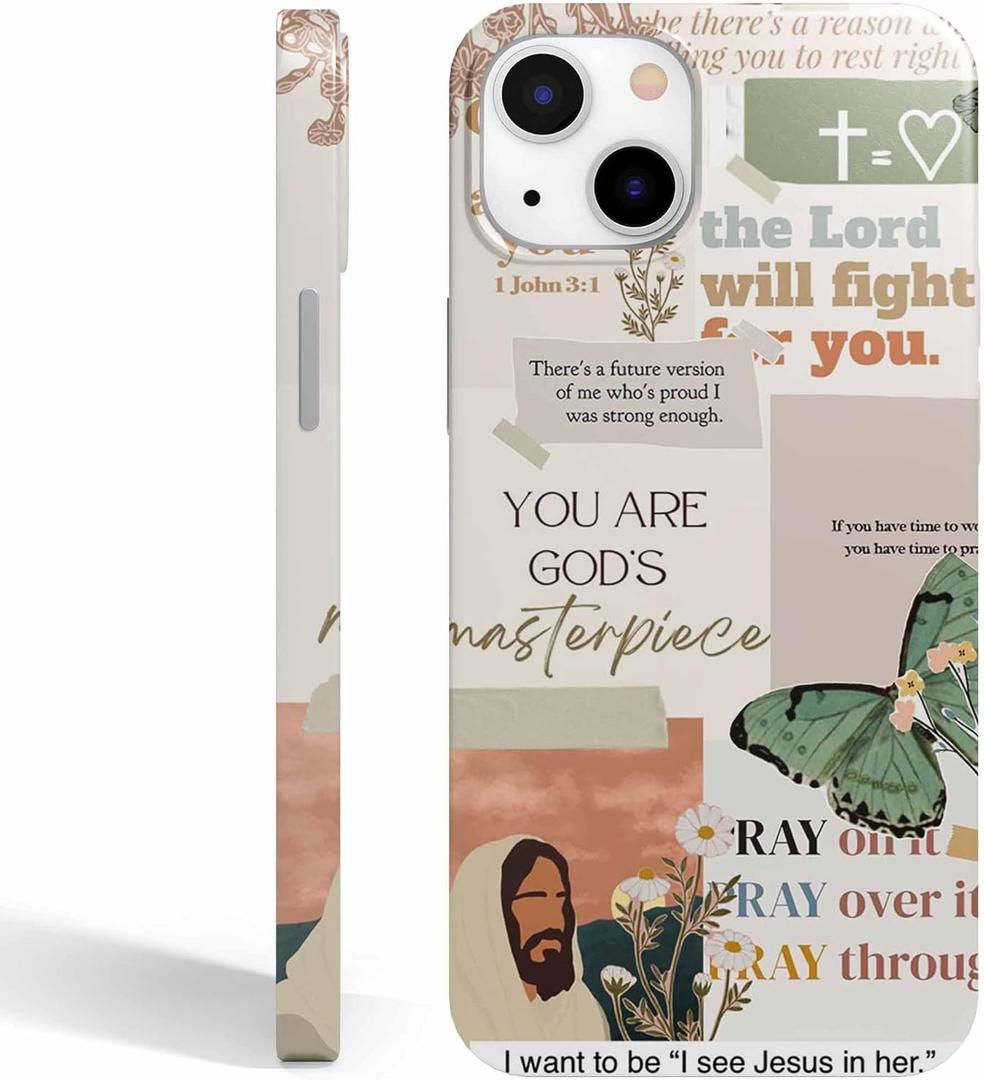 Jesus Flowers Case for iPhone 14,Christian Bible Verse Butterfly Collage Case for Men Women,Smooth Tough PC Full Cover Case for iPhone 14