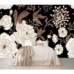 Wall Mural Peonies and Roses Floral Vintage Wallpaper Seamless Gold White Flowers Wall Coverings for Living Room Bedroom Kids RoomNot Peel and Stick (151" x 105")
