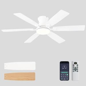 52inch Low Profile Ceiling Fan with Light and Remote/APP Control, LED Dimmable DC ReversibleModern, Flush Mount,6 Blade,White Ceiling Fan for Bedroom Living Room/Outdoor Use