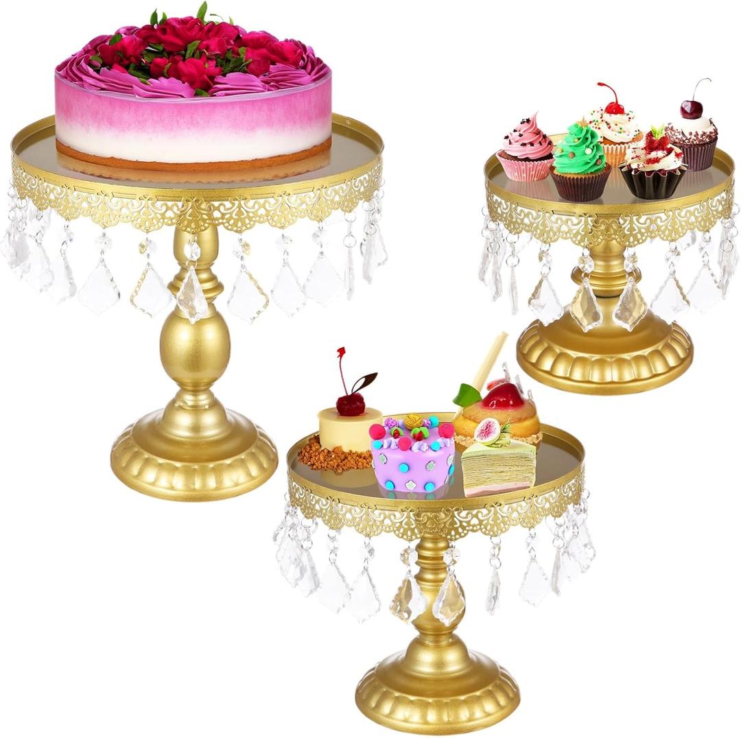 3 Pcs Gold Cake Stand, Metal Cupake Stand with Crystal Bling Pendants, Round Cupcake Holders for Dessert Table, Dessert Serving Trays for Wedding, Party, 7.9", 9.8", 11.8"