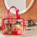 2 x TotePrint TPU Waterproof Red Handbag Iridescent Cosmetic Bag with Comfortable Hand, Clear Makeup Toiletry Carry Pouch Transparent Travel Essential Storage Bag for Vacation Bathroom (Red)