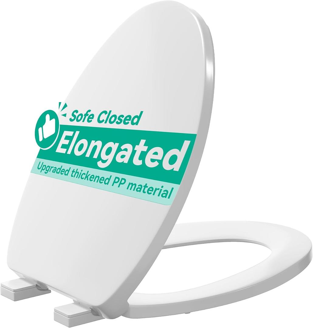 Toilet Seat Elongated, Toilet Seats with Cover Quiet Close, Never Loosen Bumpers, Easy Removing and Cleaning, White, 18.5"L x 14"W