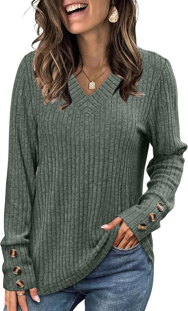 WIHOLL V Neck Long Sleeve Shirts for Women with Bottons Casual Fall Outfits Lightweight Tunic Sweaters Fashion Clothes 2025 (Green, S)