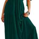 Kikibell Women Summer Dresses Sexy V-Neck Maxi Dress Tiered Silhouette with Flutter Sleeve Backless Elastic Waist Flowy Dress (Small, Dark Green)