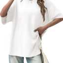 Tankaneo Womens Oversized Crewneck Shirts Short Sleeve Off The Shoulders Tops Curved Hem Tshirt (L)