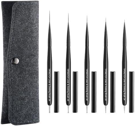 Nail Art Liner Brushes 5Pcs with Caps & Bag,Double‑Ended Thin Liner & Dotting Pen Set(4/8/12/15/20mm) for Long Lines,Fine Details,Gel Polish & Nail Painting