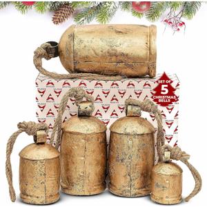 Akatva Large Brass Cow Bells for Rustic Christmas Decor - Set of 5 Vintage Gold Bells on Rope