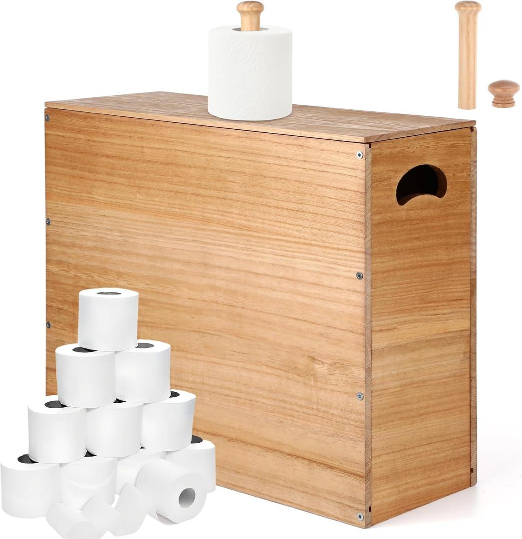 Bokon 32l Wooden Toilet Paper Holder with Lid and Handle, Natural
