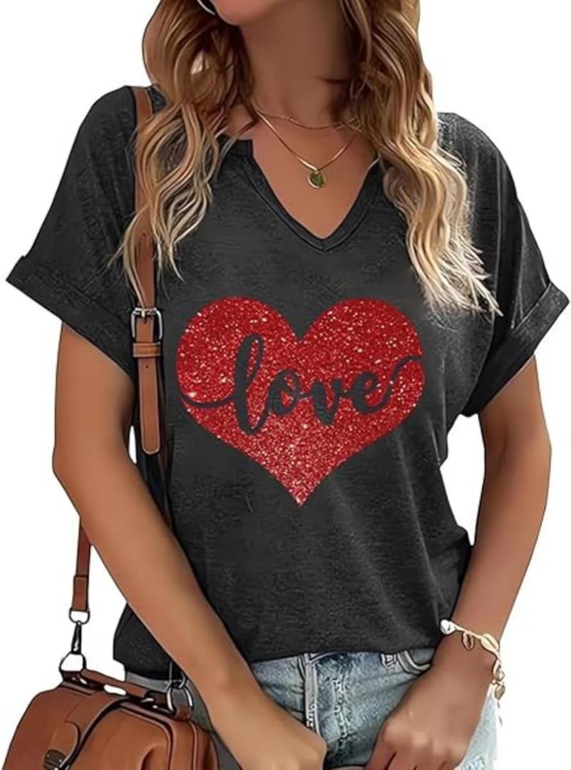 Earlymemb Womens Lover Heart Graphic V Neck Shirt Valentines Funny Couple Matching Casual Short Sleeve Tee Tops (XX-Large, C-grey-6)