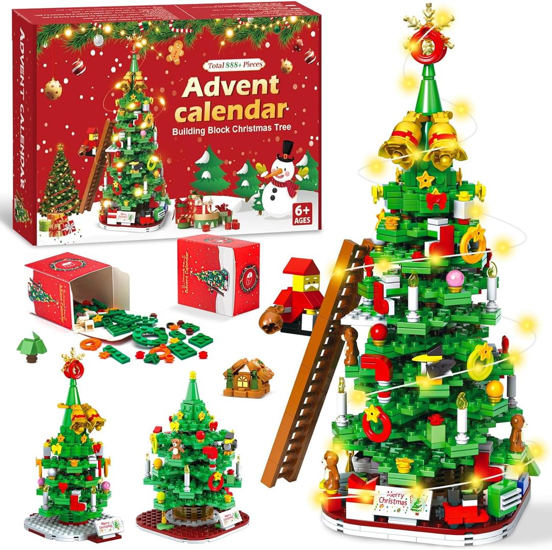Advent Calendar 2025 Christmas Tree Building Blocks for Adult Kids,24 Day Countdown Calendar Transform Xmas Tree Building Toys with LED Light,888+ Pieces,Christmas Gift for Teen Girls Boys