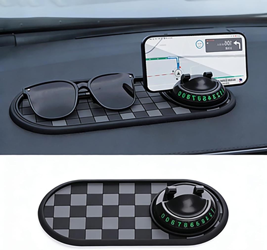 Multifunction Car Anti-Slip Mat with 360 Rotating Phone Holder, Car Dashboard Mat with Hidden Parking Number Plate, Anti-Slip Phone Pad for for Sunglasses Keys, Universal Car Interior Accessories