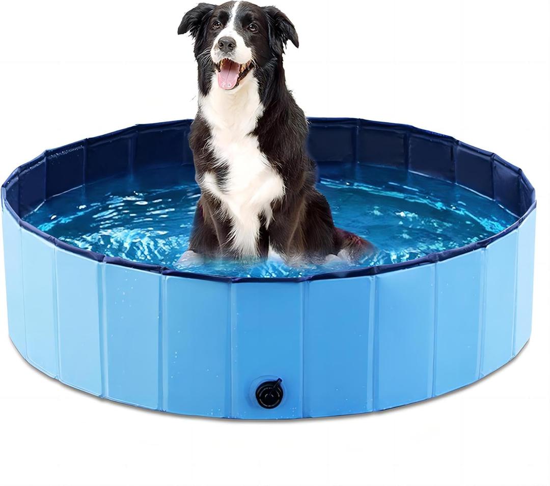Jasonwell Foldable Dog Pet Bath Pool Collapsible Dog Pet Pool Bathing Tub Kiddie Pool Doggie Wading Pool for Puppy Medium Dogs Cats and Kids 39.5" Blue (Mdf Wood Blue)