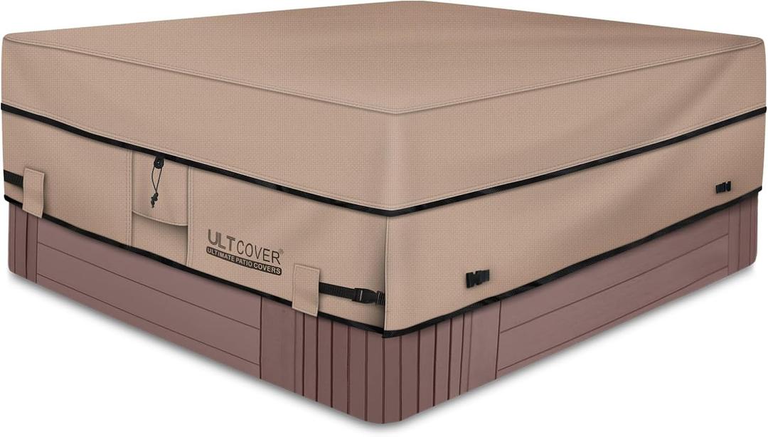 ULTCOVER Waterproof 600D Polyester Square Hot Tub Cover Outdoor SPA Covers 85 x 85 inch (85"(L)x85"(W)x20"(H), Brown)