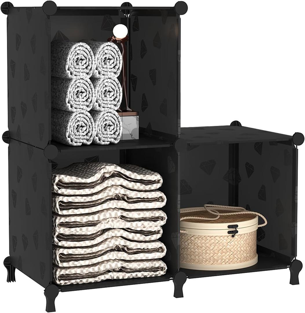 UNKU Cube Storage Organizer, 3 Cube Closet Organizer Storage Shelves, DIY Stackable Bookcase, Clothes Organizer Shelf for Closet, Bedroom, Living Room, Cabinet, Home, Office, Black