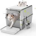 Stainless Steel Litter Box with Lid, Enclosed Metal with High Sides, Large Cat Litter Box, Dog-Proof, Odor Control, Easy to Clean,Durable with Round Edge (Front Opening)