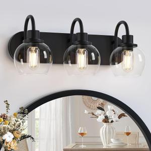 Dpyrrhic Bathroom Vanity Light,Modern 3-Light Bathroom Lighting Fixtures Over Mirror with Clear Glass Shade and Metal Base,Matte Black Bathroom Lighting 3-Light, Black
