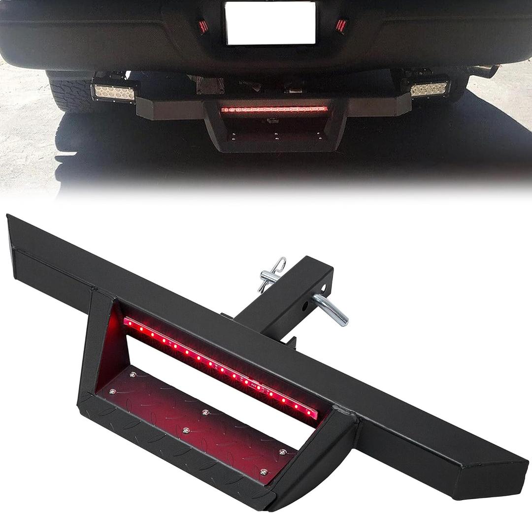 ECOTRIC Universal Drop Hitch Step w/LED Brake Light for 2" Receiver Pickup Truck SUV Trailer Towing Hitch Step Bar Rear Bumper Guard with Pin Heavy Duty Steel Powder Coated Black
