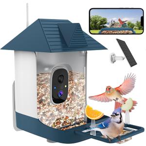 Bird Feeder with Camera,WiFi Outdoor Smart Bird Feeder Camera with Built-in AI Birds Recognition,Solar Powered,Auto Record Video by Cloud Storage,FHD Birds House with Cam,Ideal Gift for Dad and Mom (Navy Blue)