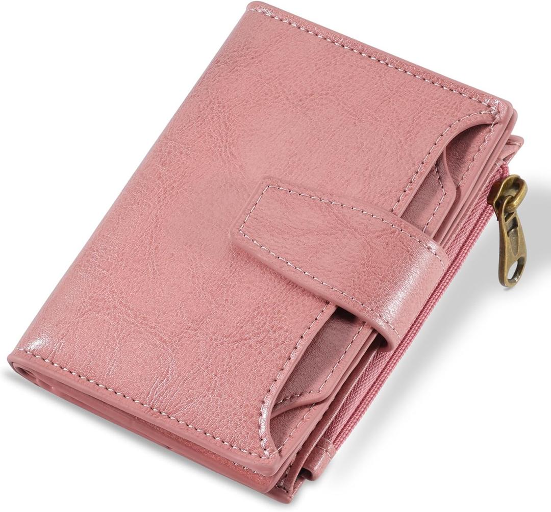 Small Wallet Women RFID Blocking Soft Leather Bifold Compact Card Holder Wallet for Women with Zipper Coin Pocket 4 ID Window (Pink)