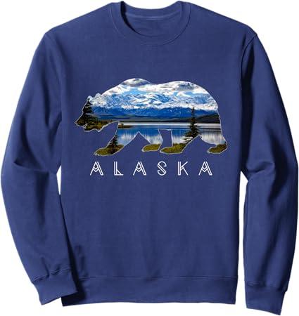 Alaskan Bear with Lake & Mountain Souvenir Sweatshirt Navy Blue, Small