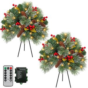 Christmas Urn Filler, 20" Pre-Lit Artificial Xmas Tree Decor with Lights