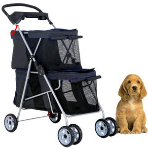 FDW 4 Wheels Pet Stroller Dog Cat Carriers Bag Lightweight Waterproof Folding Jogger Double Stroller with Cup Holders,Black