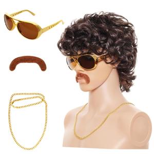 70s Wigs Men Disco Wig Afro Costumes Wig Short Curly Natural Fluffy Synthetic Hair Wigs Glasses Gold Necklace Mustache (One size, Brown)