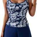 B2prity Womens Tankini Swimsuits Sporty Tummy Control Two Piece Bathing Suit Color Block Ruched Swimwear, Medium