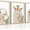 Animal Wall Art Pictures Baby Nursery Canvas Wall Art Decor Safari Animal Prints Jungle kids Wall Art Woodland Nursery Wall Decor Giraffe Jungle Poster for Room 16x24 Inch Wood Framed Set of 3
