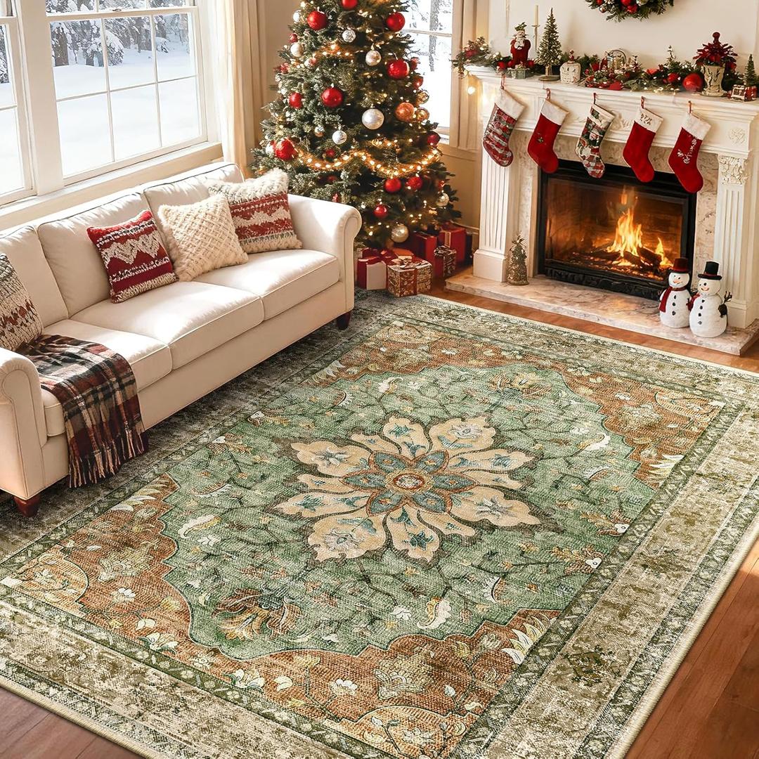 Area Rugs 6'x9' Washable Non-Slip, Floral Vintage Distress Print Pattern Medallion Carpet for Living Room Bedroom Dining Room, Brick Red Rust Neutral Brown Burnt Orange Green
