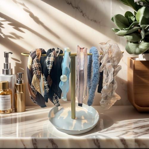 JHJFRAWY Gold Headband Holder Organizer with Ceramic Tray, Stylish Headbands Organizer, Modern Headbands Stand for Girls, Elegant Headband Storage Organizers for Jewelry & Accessories Display
