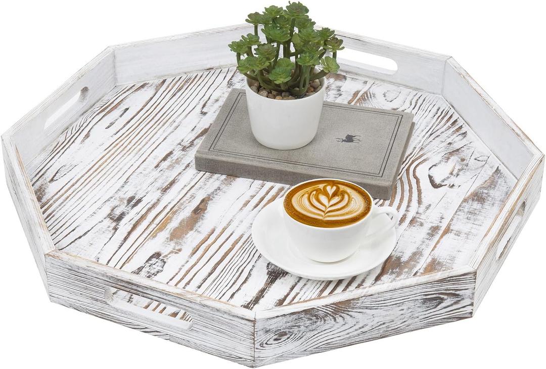 MyGift 20 Inch Shabby White Washed Solid Wood Decorative Octagon Shaped Tray, Wooden Octagonal Serving Platter with 4 Cutout Handles, Table Centerpiece Home Decor