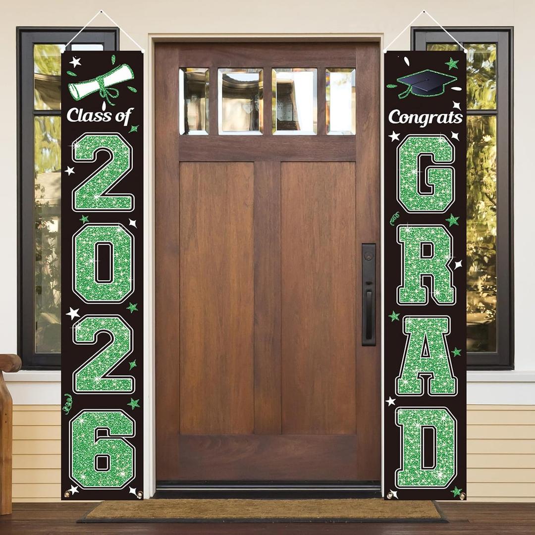 KMUYSL Graduation Decorations Class of 2026, Green & Black Congrats Grad Banner Hanging Flags Porch Sign, 2026 Graduation Decorations Party Supplies for Any School Indoor/Outdoor Decor
