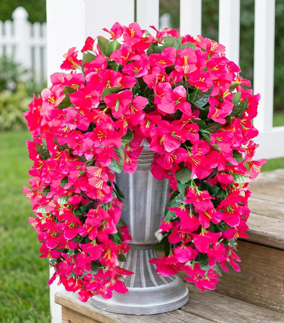 HyeFlora Bougainvillea Artificial Hanging Flowers Plants for Outdoors Decoration, 2pcs Fake Flowers Silk Bougainvillea Vines Realistic UV Resistant Faux Flowers for Planters Porch Patio Urn, Hot Pink
