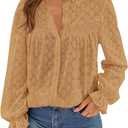 PRETTYGARDEN Lace Long Sleeve Shirts Casual Button Down Going Out Tops Hollow Out Eyelet Blouses 2026 Spring Fashion Clothing (Khaki,Large)