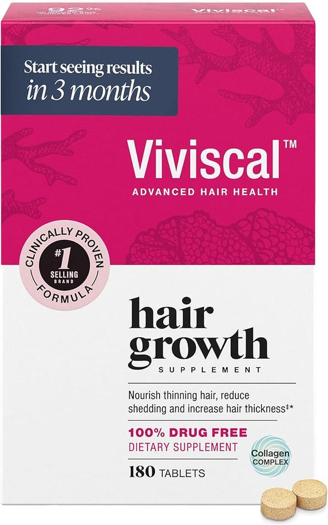 Viviscal Hair Growth Supplements For Women For Thicker, Fuller Hair, Nourishes Thinning & Loss, With Proprietary Collagen Complex, 180 Tablets, 3 Month Supply, Best By: 08/27