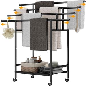 Homeiju Expandable Free Standing Towel Rack for Bathroom, 4 Tier Blanket Rack, Adjustable Blanket Holder for Bathroom, Towel Drying Rack Stand for Outdoor, Poolside, Black