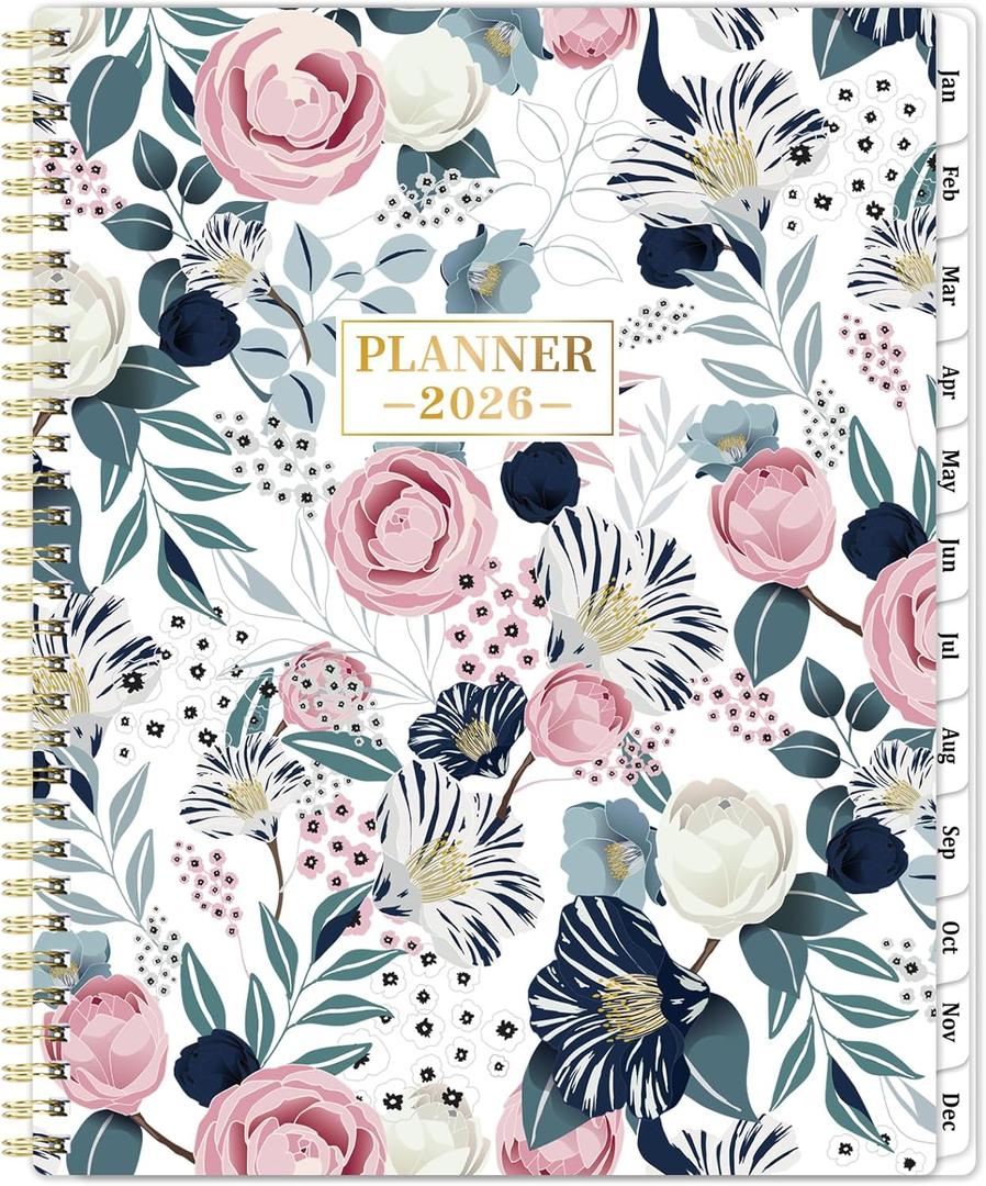 2026 Planner - Planner 2026, Jan. 2026 - Dec. 2026, Weekly and Monthly with Tabs, 26 Calendar Planner, 9" x 11", Back Pocket + Thick Paper + Twin-Wire Binding - Petunia (Pink)