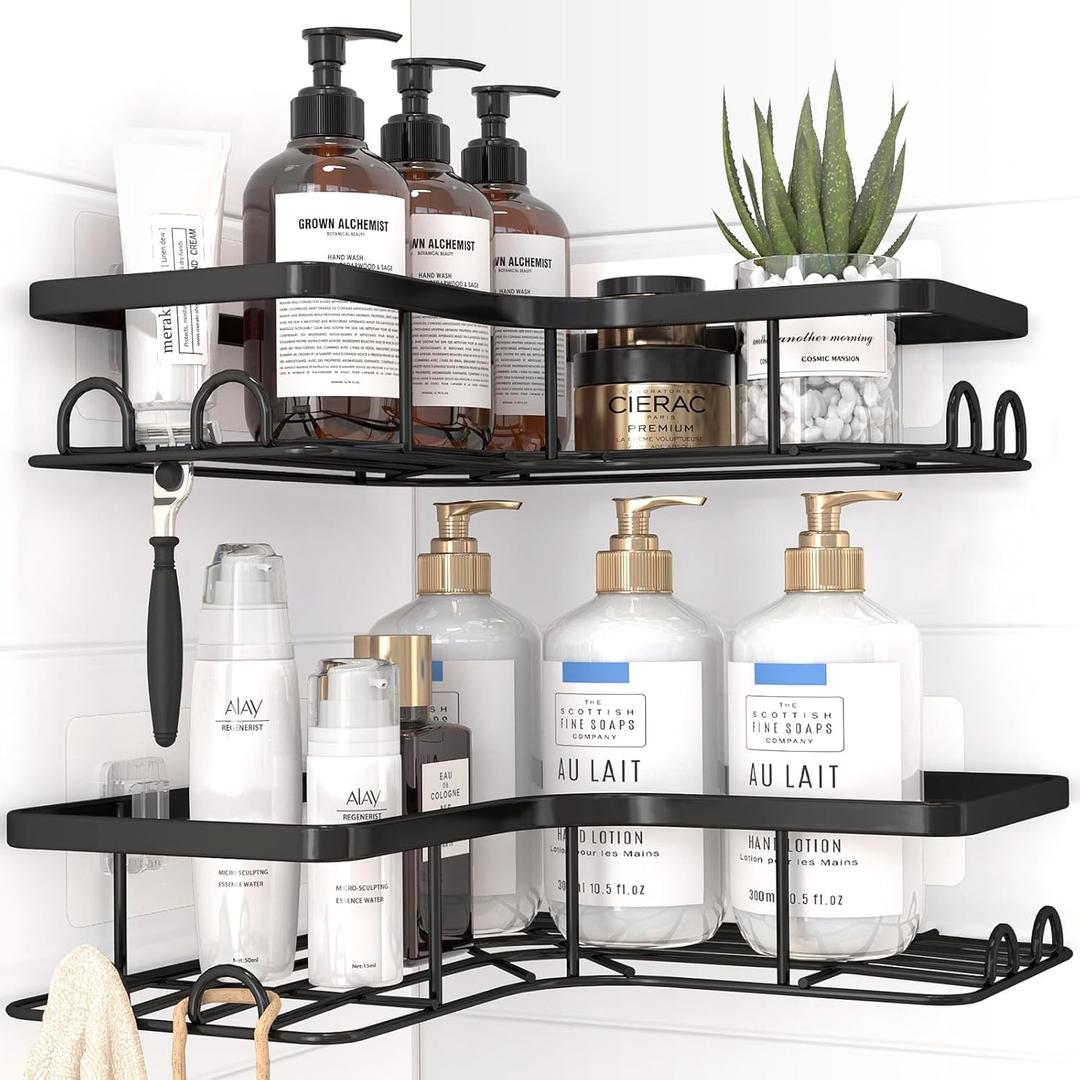 Sakugi Corner Shower Caddy - 2 Pack, Adhesive Shower Organizers, Rustproof Stainless Steel Shower Shelves with 8 Hooks, No Drilling Bathroom Organizers and Storage Racks, Space-Saving, Black, Large