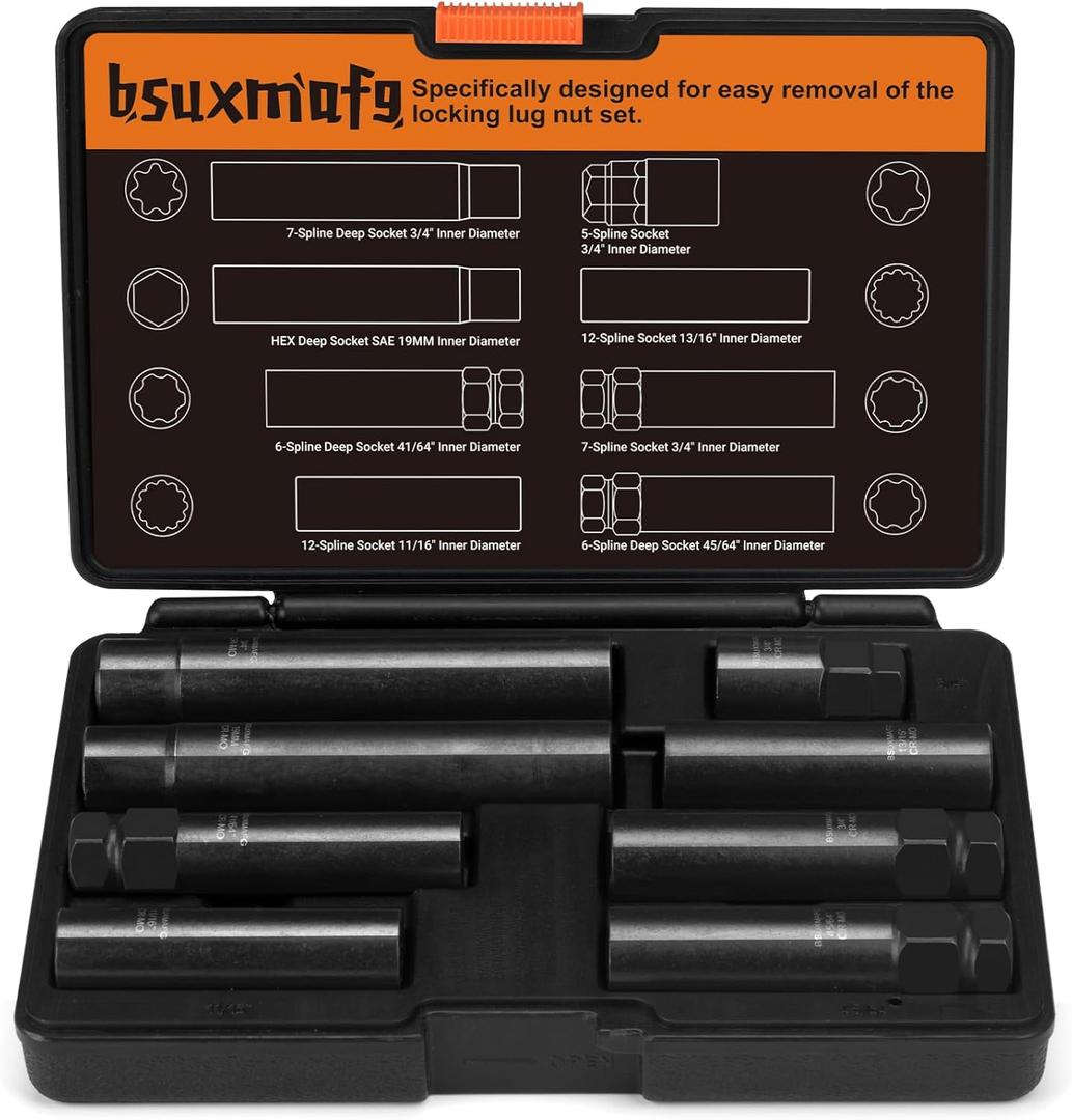 8Pcs Wheel Lock Removal Kit, Locking Lug Nut Master Key Set for Easily Removing Spline and Hex Style Aftermarket Wheel Lug Nuts, 5, 6, 7, 12 Spline and Spike Lug Nut Socket Key