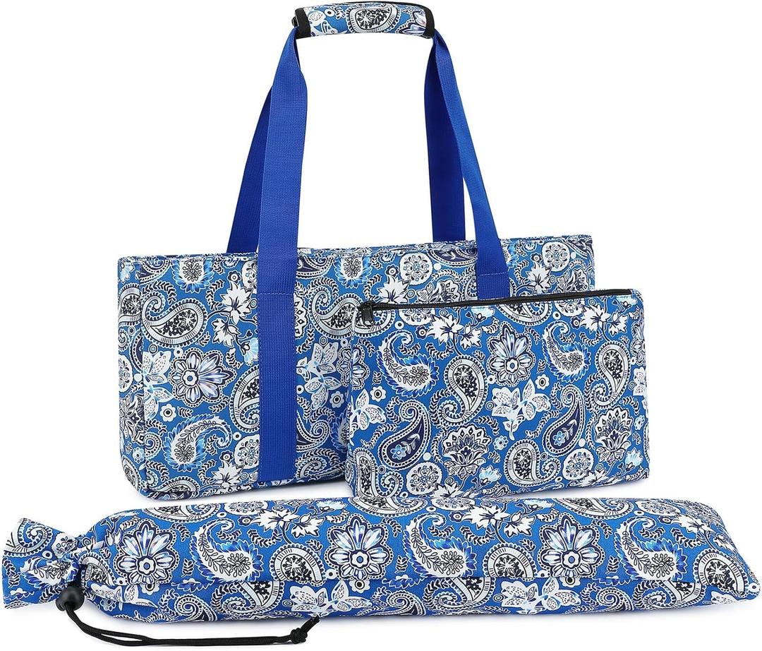 Mahjong Tile Bag, Blue Printed American Mahjong Tiles Bag with Racks and Pushers, Drawstring Closure
