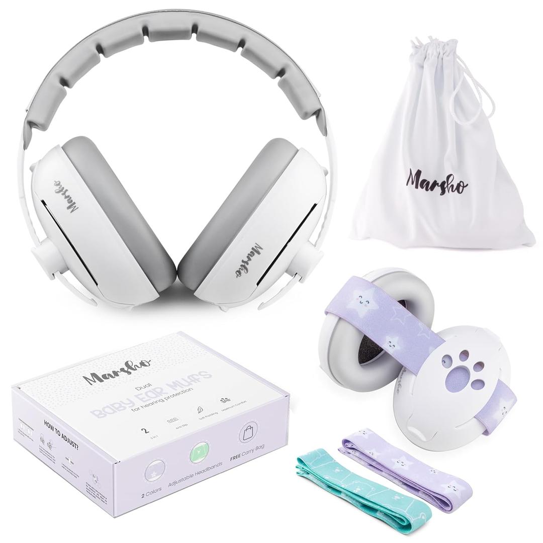 MARSHO 2-in-1 Baby Ear Muffs for Baby Ear Protection  Cute and Comfortable Baby Noise Cancelling Headphones with 2 Headbands and Headphone Strap Newborn Ear Protection Infant Headphones, Adjustable