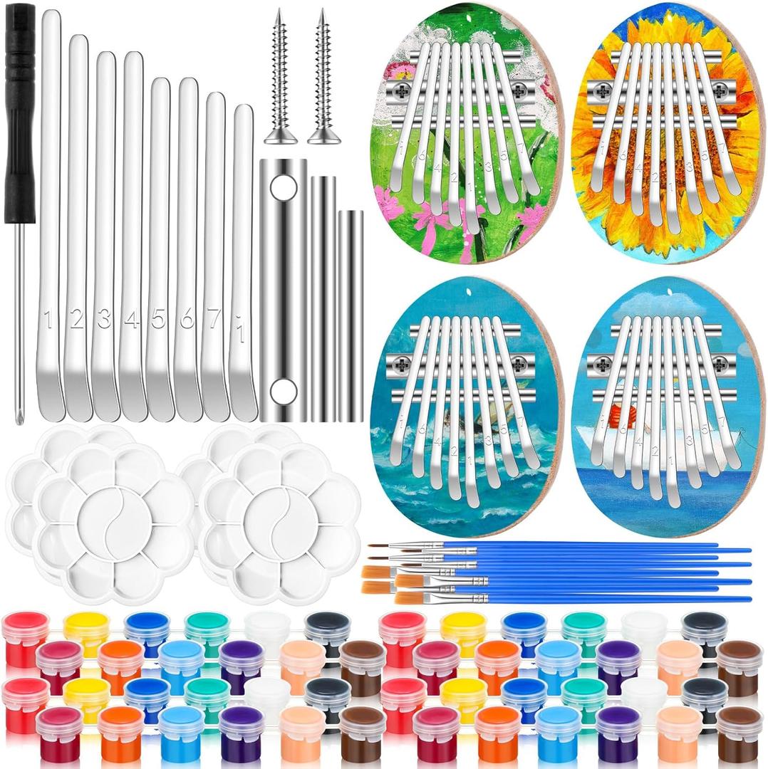 Photect 4 Pack 8 Key Mini Kalimba Portable Finger Thumb Piano DIY Christmas Finger Piano Gift with Paint Paintbrush Palette and Screwdriver for Beginners Adults Xmas Musical Gifts