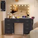 COMHOMA Vanity Desk with Large Mirror,15 LED Bulbs and Power Outlet,Makeup Table with 9 Storage Drawers and HD Mirrors,3 Color Modes Adjustable Lighting for Bedroom Dressing Room (Black, 35inch)