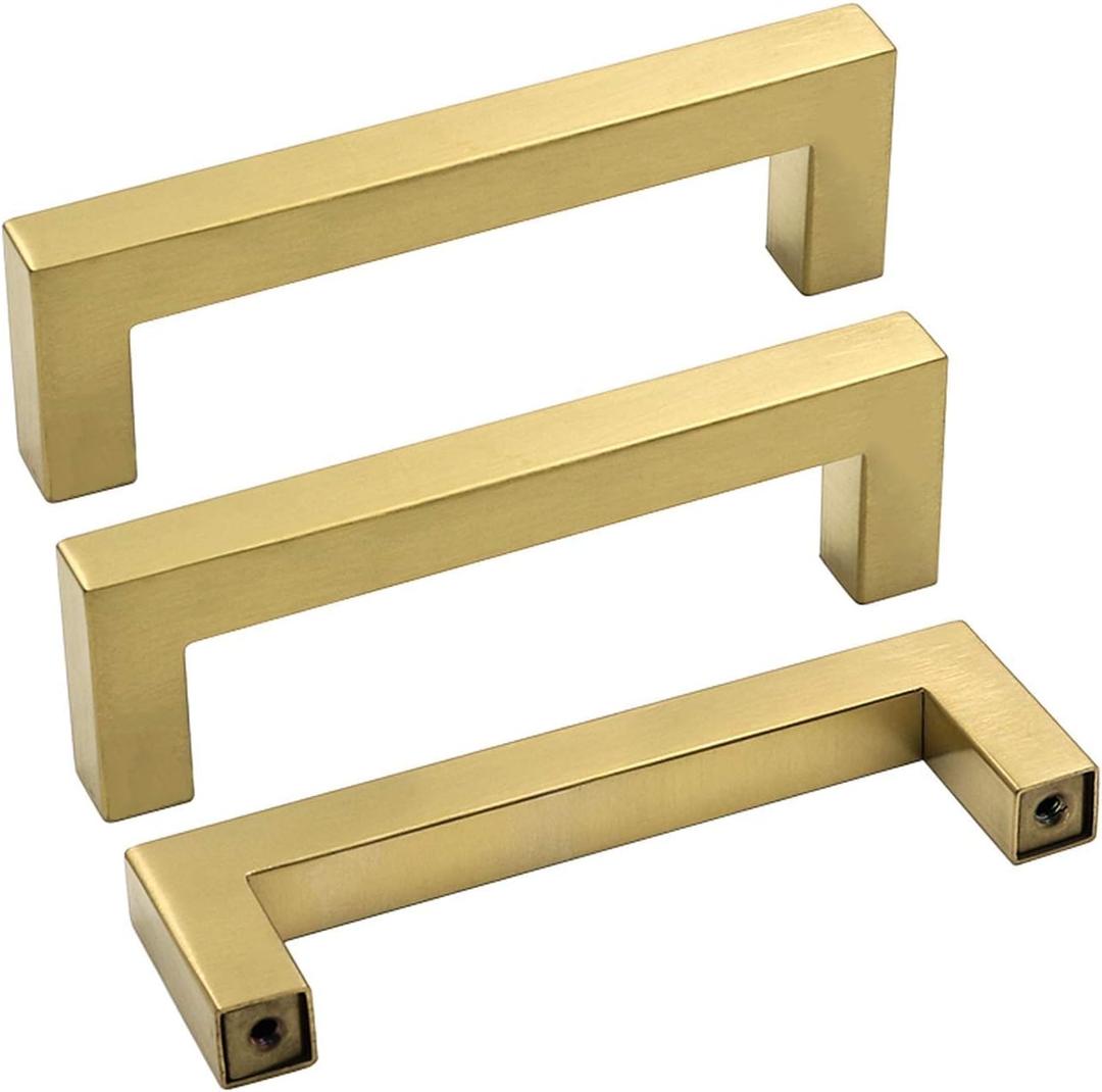 goldenwarm Kitchen Cabinet Handle Brushed Brass Drawer Pull Handles for Cabinets - LSJ12GD115 Square Bar Pulls Antique Brass Bathroom Cabinet Hardware Modern Knobs for Dresser Drawers (4-1/2in hole centers)