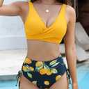 Women's High Waisted Bikini Sets V Neck Twist Front Ruched Bathing Suit Padded Lace Up Back Two Piece Swimsuit (L)