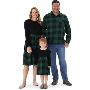 PATPAT Family Matching Outfits Mommy and Me Dresses Matching Set Long Sleeve Plaid Midi Dress and Casual Button Down Shirts (3-4T, Green)