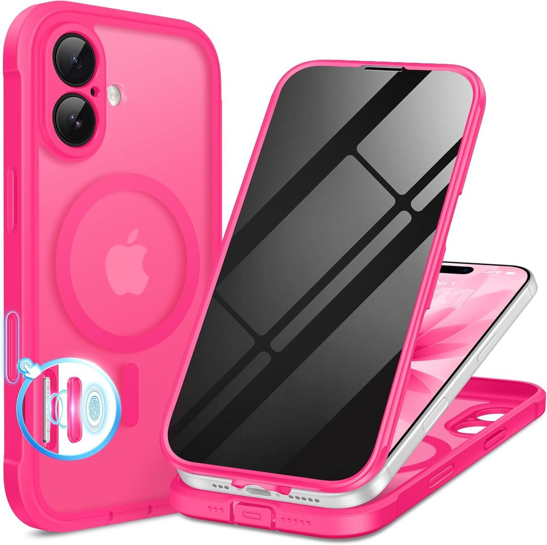 BERFY for iPhone 17 Case, Compatible with MagSafe, Built-in Privacy Screen Protector and Camera Protection, Anti-Spy Full Body Shockproof Matte Phone Case for 17 6.3", Hot Pink