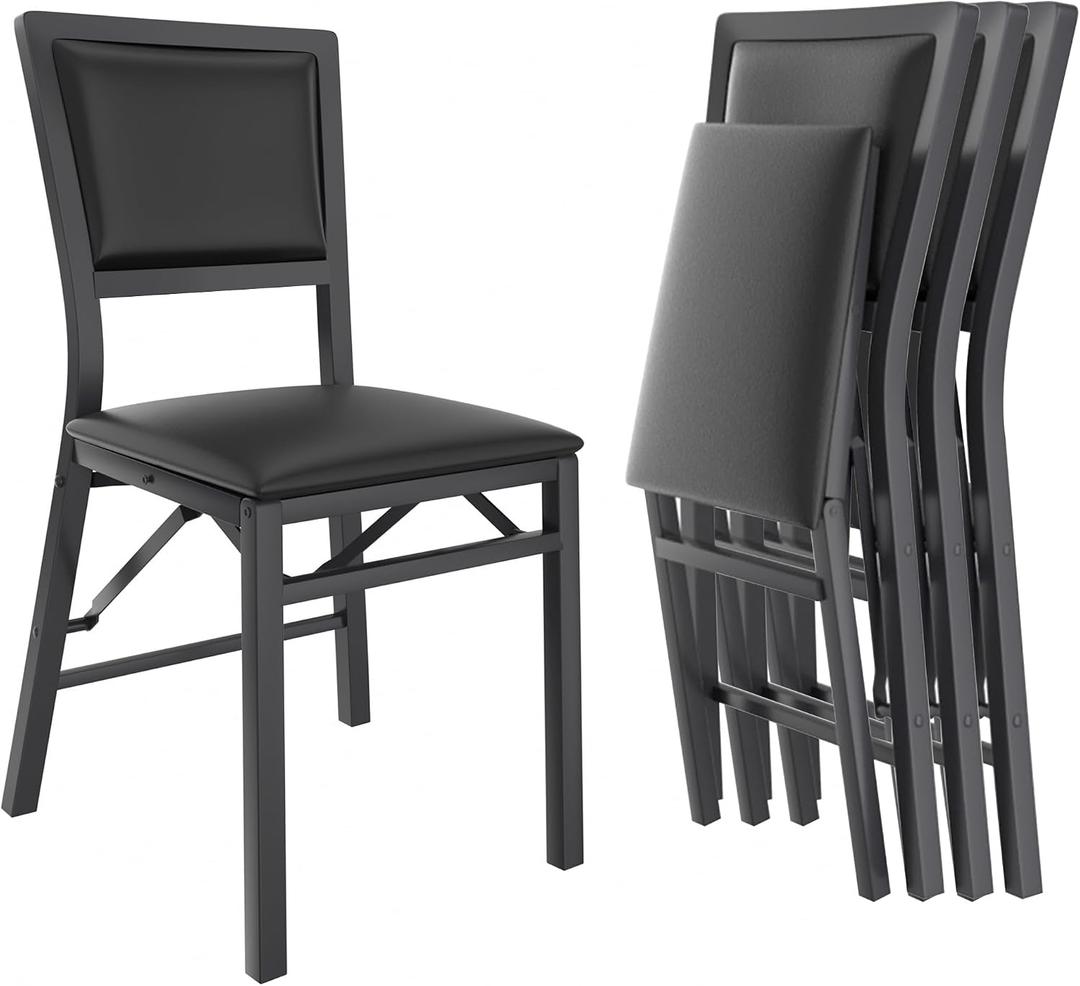 VECELO Folding Dining Chairs Set of 4, Metal Padded Foldable Seating with Comfortable Faux Leather, Space-Saving Portable Guest Seats for Kitchen & Office, No Assembly, Black, 4 Pack